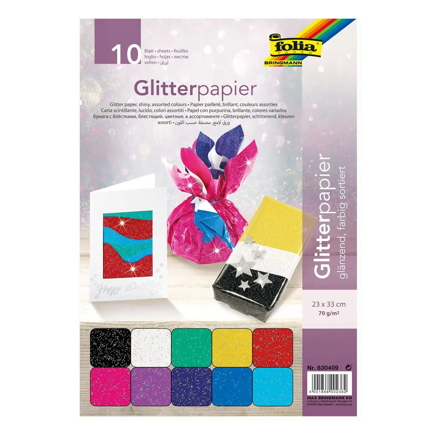 Carta Glitterata 70 gr/mq - 23x33 cm - 10 Fogli Colorati - Carta e cartoncino