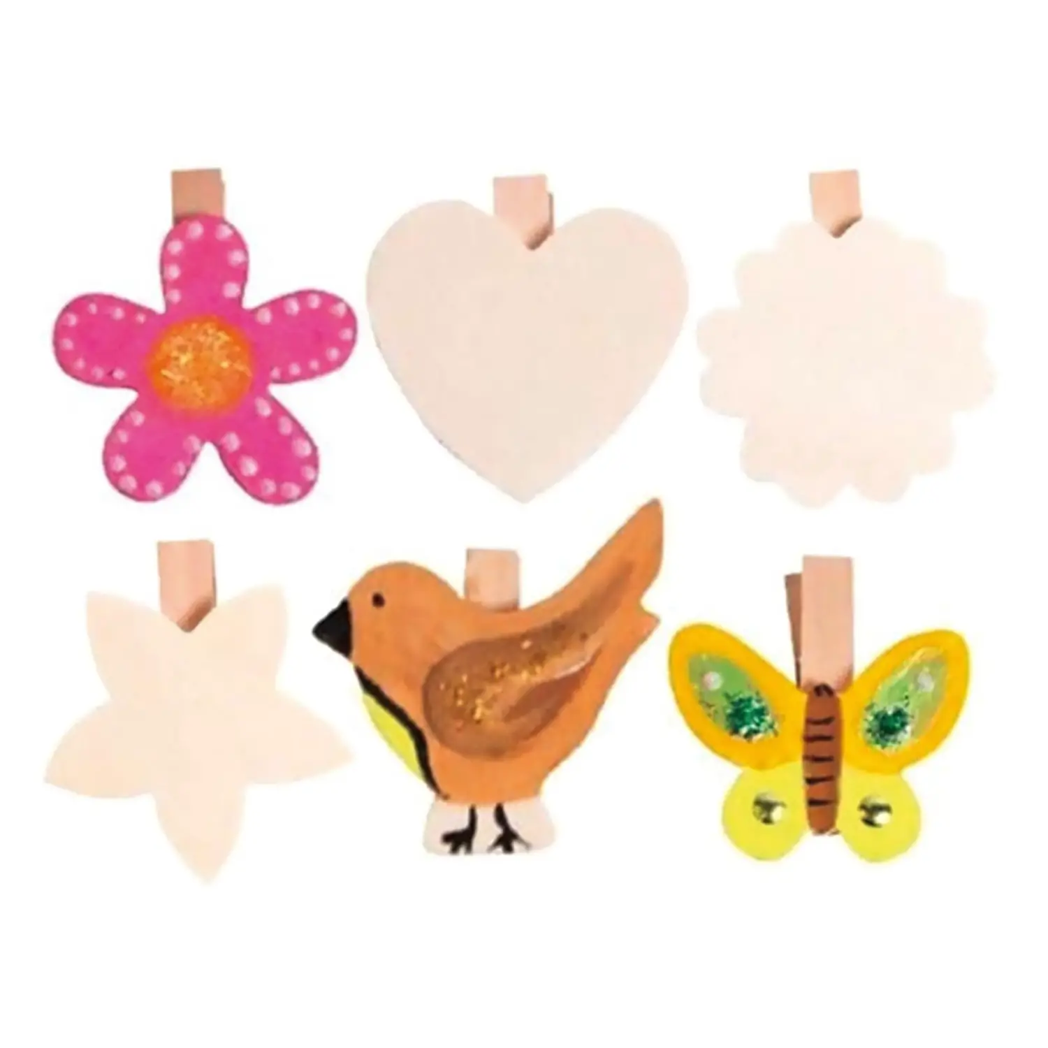 Clips Primavera da Decorare – 6 Pezzi Assortiti - Soggetti in legno