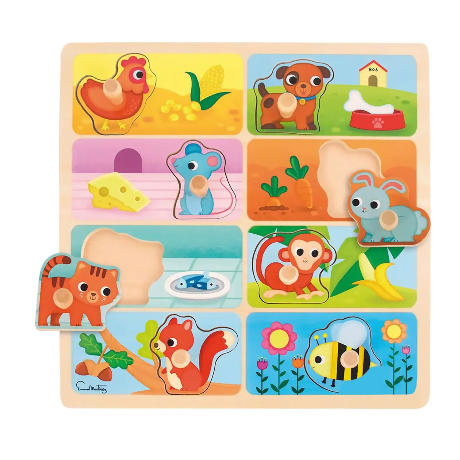 Puzzle Cosa Mangiano? – Ad Ognuno la Sua Pappa - Incastri e puzzle in legno