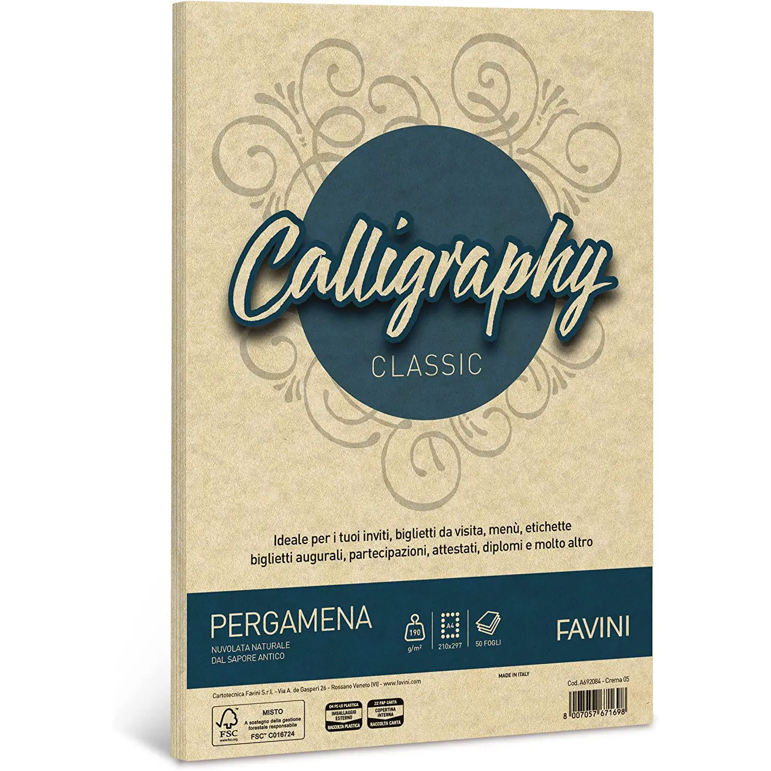 Carta Calligraphy Pergamena A4 190 gr – 50 Fogli - Crema - Carta e cartoncino