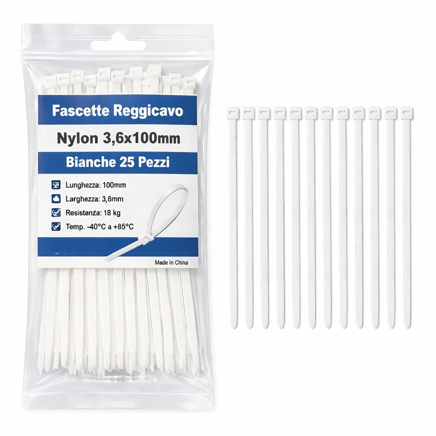 Fascette Nylon 3,6x100mm Bianche 25 Pezzi - Accessori ufficio