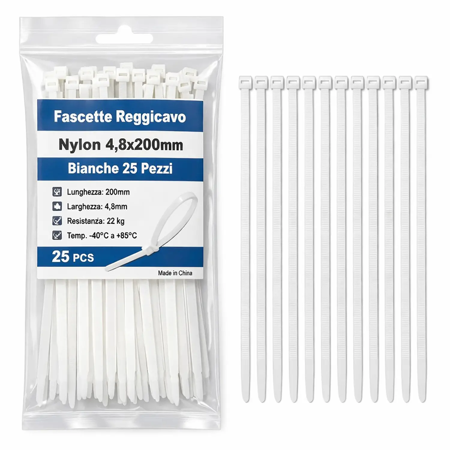 Fascette Nylon 4,8x200mm Bianche 25 Pezzi - Accessori ufficio