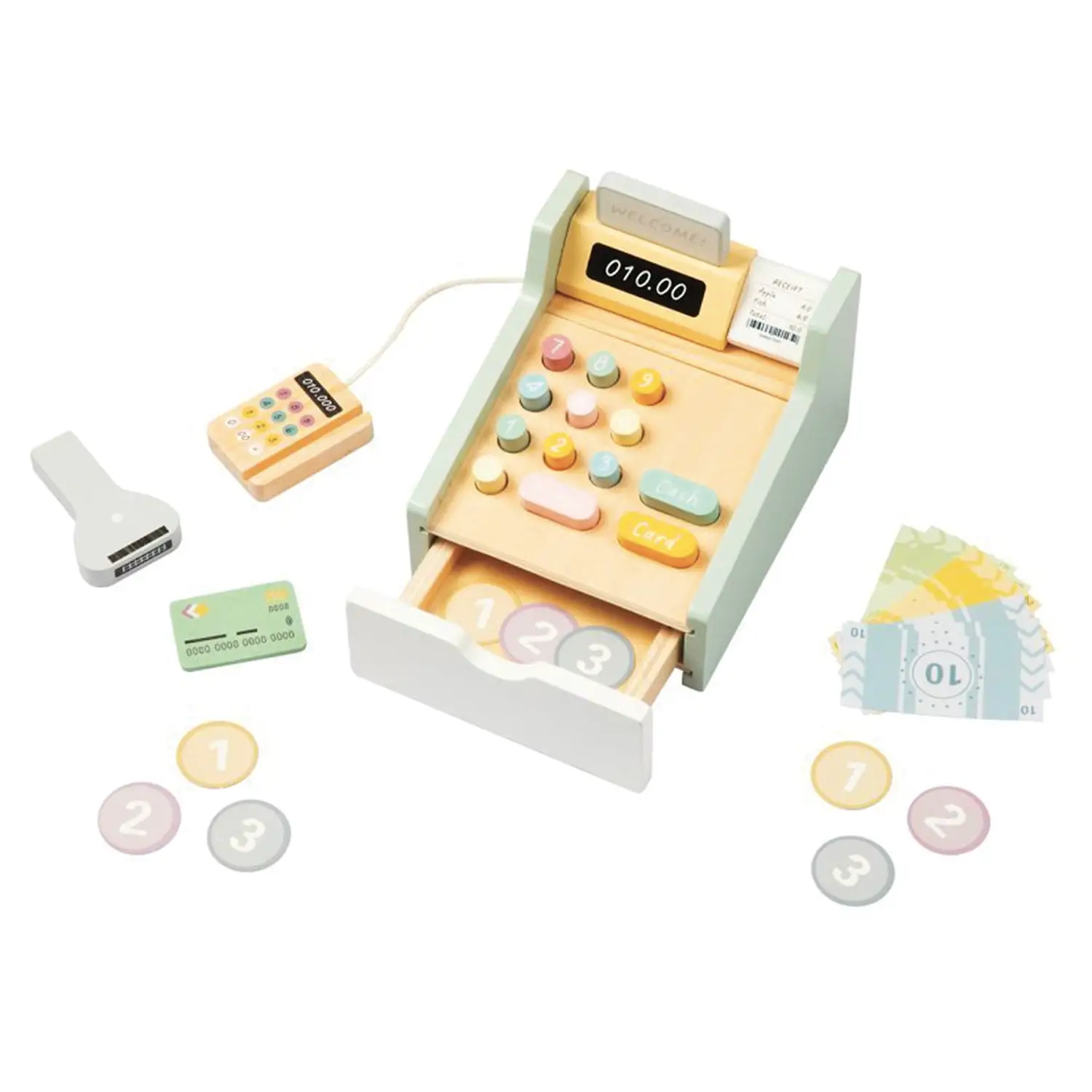 Registratore di Cassa con Accessori, Gioco Simbolico Educativo in Legno - Alimenti, mercatini, stoviglie