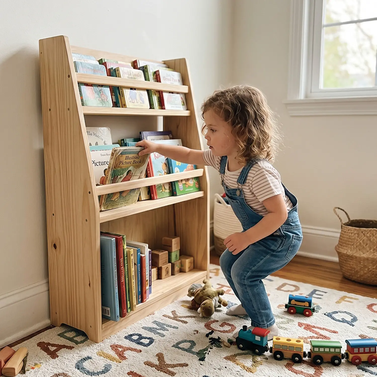 Libreria Espositore in Legno per Bambini, Scaffale Montessori a 3 Ripiani - leggere scrivere contare racco