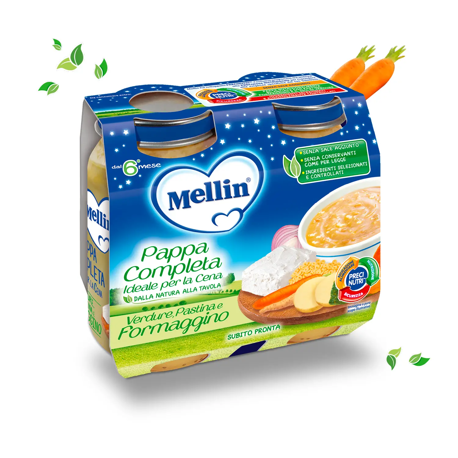 Mellin Cena con Formaggino, Pastina e Verdure 2x200g – Pasti Completi - pappe pronte