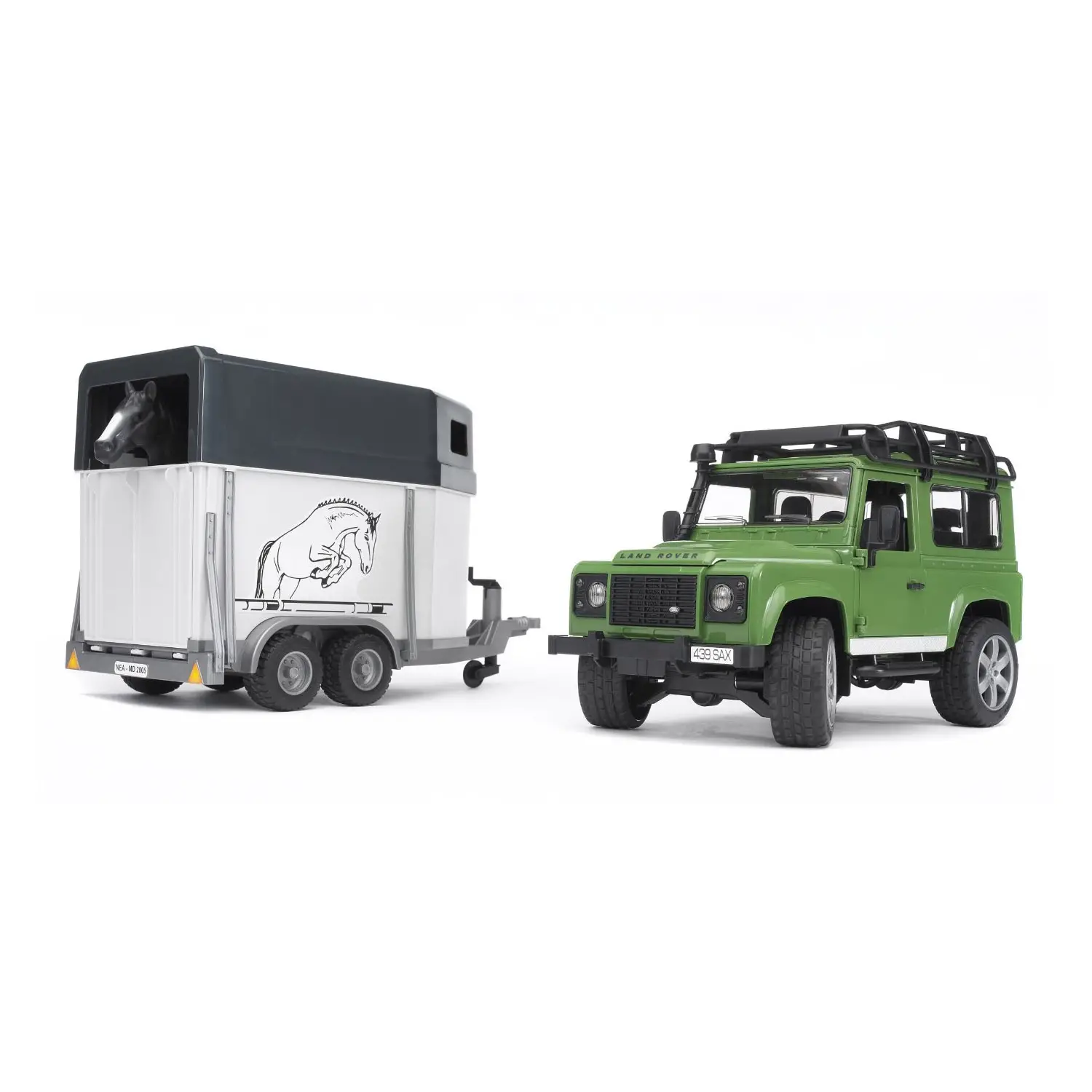 Bruder Land Rover Defender Station Wagon con Rimorchio per Cavallo - modellini