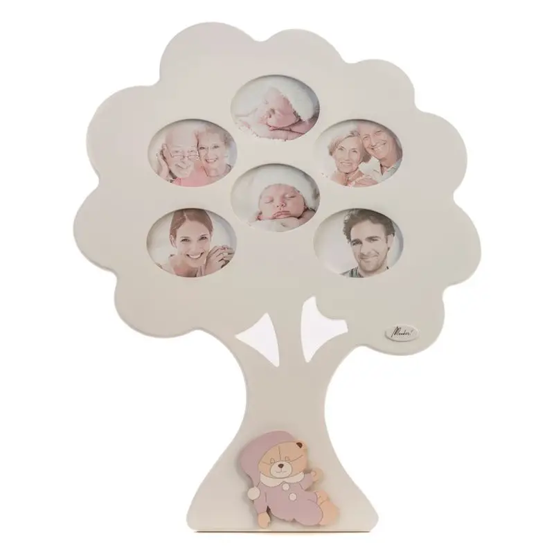 Porta Foto Albero Genialogico Legno Bianco 6 Foto con Orso Rosa - complementi d'arredo