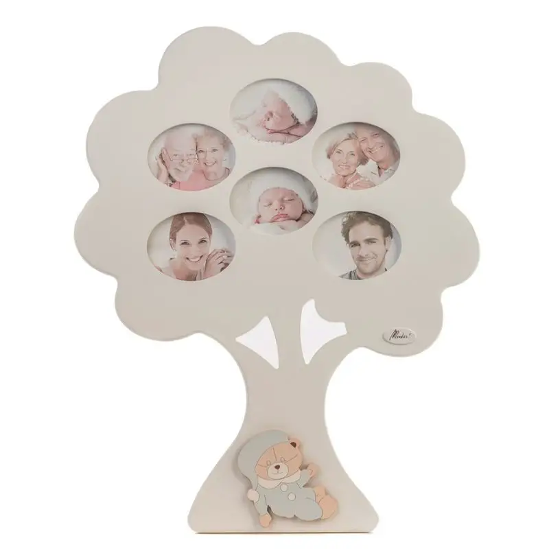 Porta Foto Albero Genialogico Legno Bianco 6 Foto con Orso Celeste - complementi d'arredo