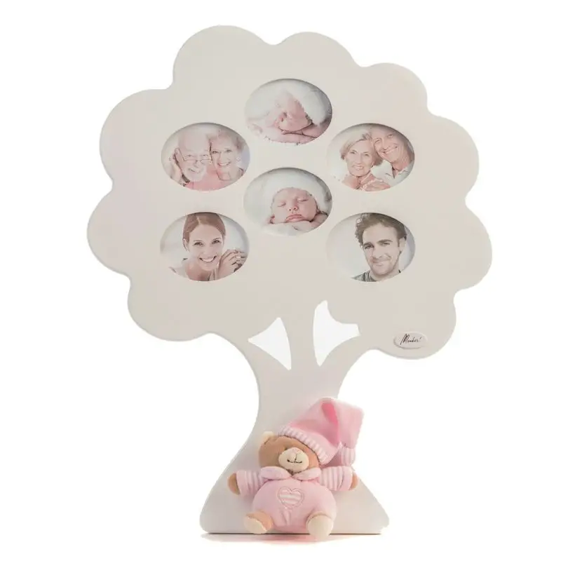 PORTA FOTO ALBERO GENIALOGICO LEGNO BIANCO 6 FOTO CON ORSO IN STOFFA ROSA - complementi d'arredo