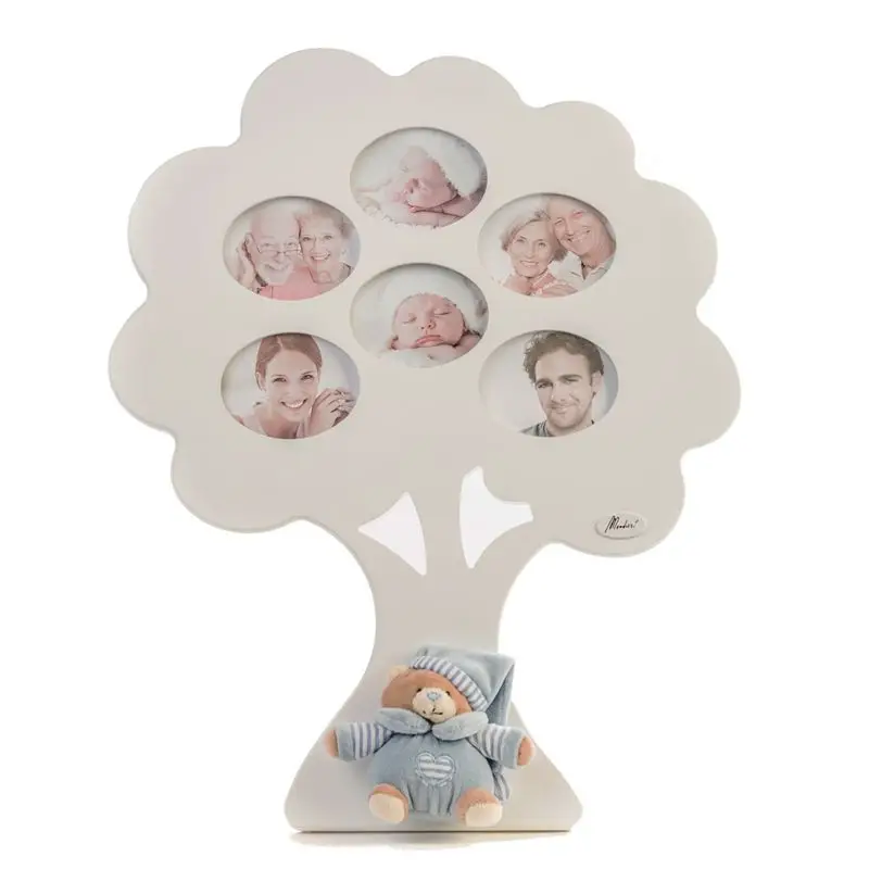 Porta Foto Albero Genealogico in Legno Bianco con Orso in Stoffa Celeste – 6 Foto - complementi d'arredo