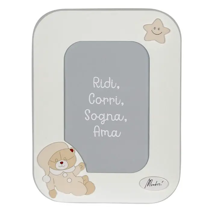 CORNICE PORTA FOTO IN LEGNO BIANCO CON ORSO BEIGE VERTICALE - complementi d'arredo
