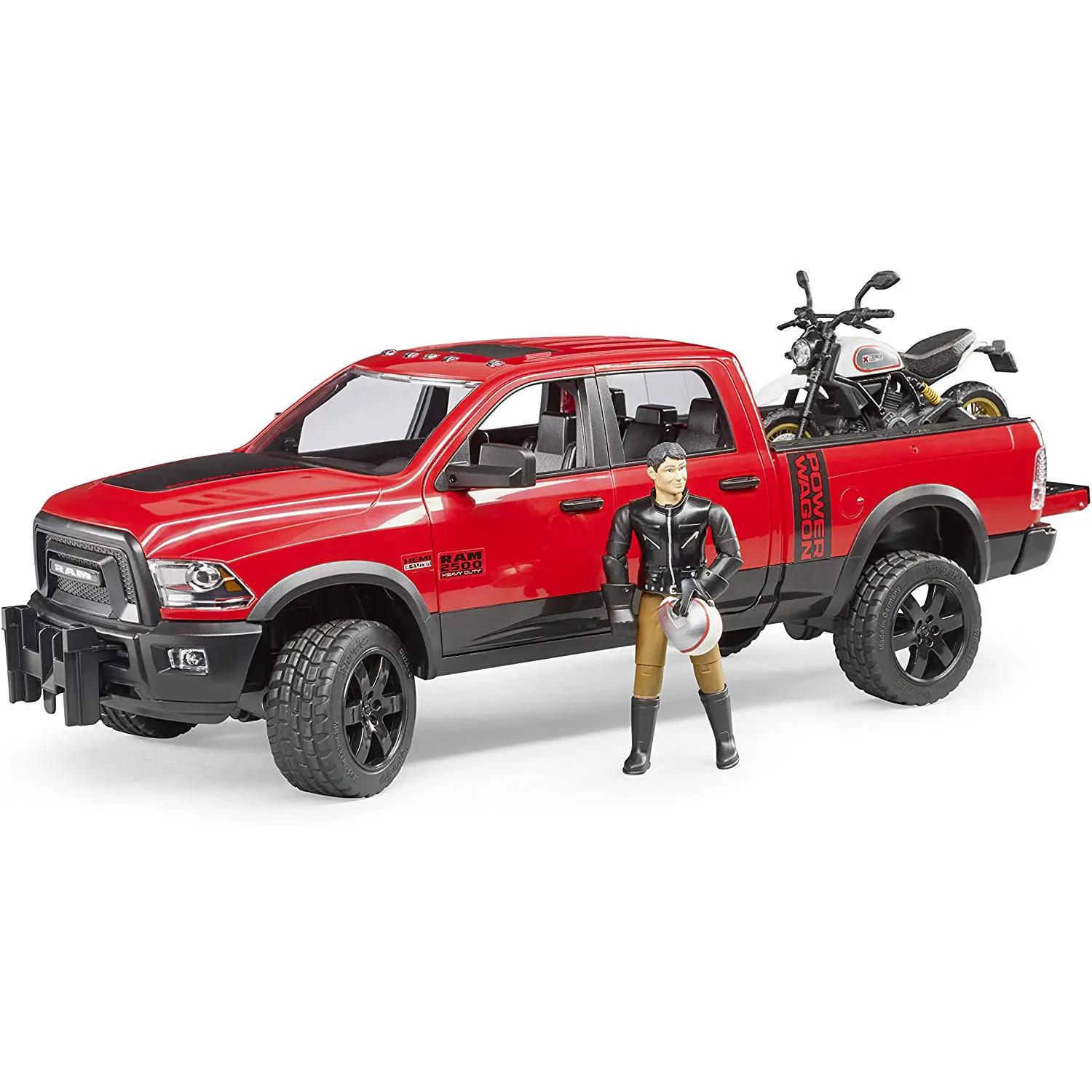 Bruder - Pick-up Ram 2500 Power Wagon con Moto Scrambler Ducati e Personaggio - modellini