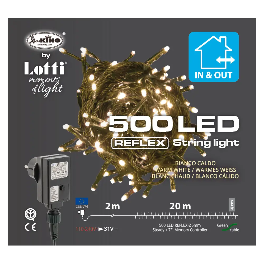 Luci di Natale Lotti - Catena 500 Led Bianco Caldo - Filo Verde da 20 metri - luci