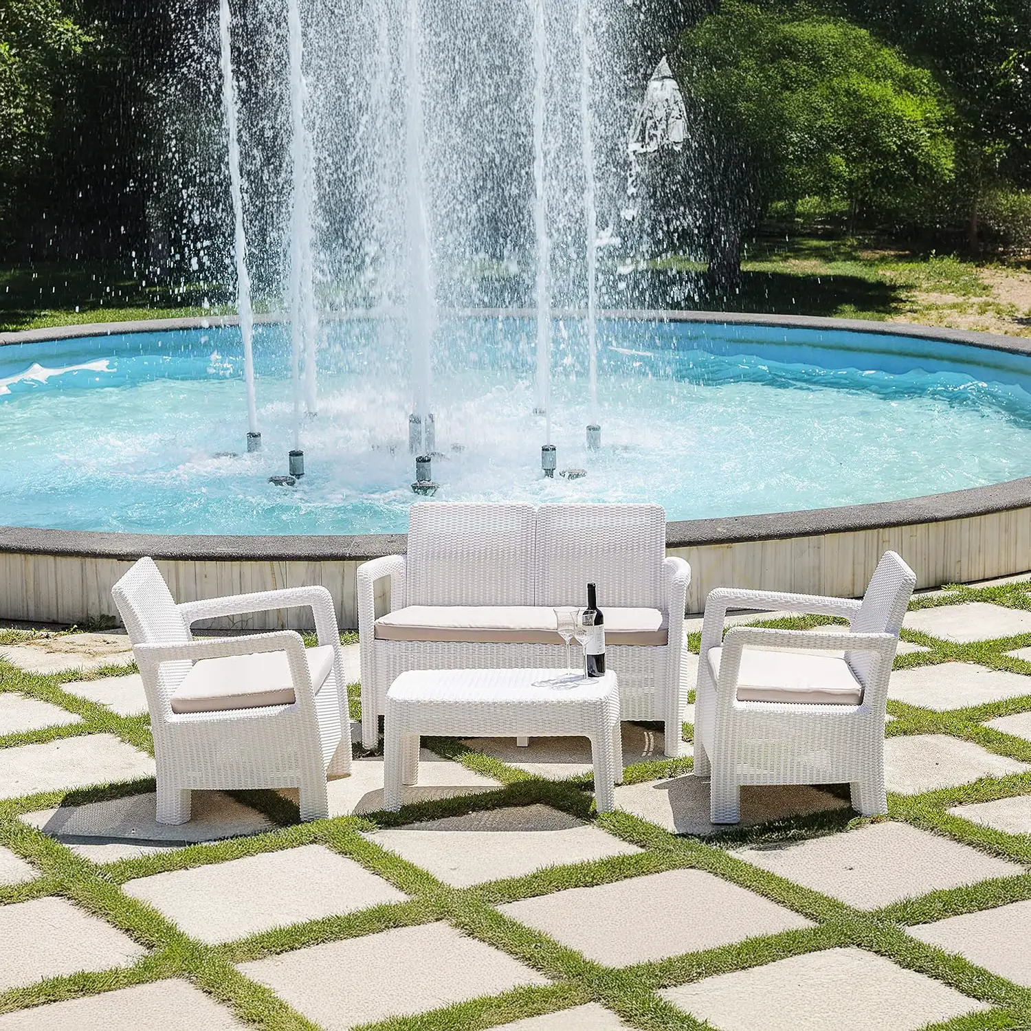 Salotto Tarifa Set 4 Pezzi Bianco con Cuscini - Salottino da Giardino in Polyrattan - set e salotti