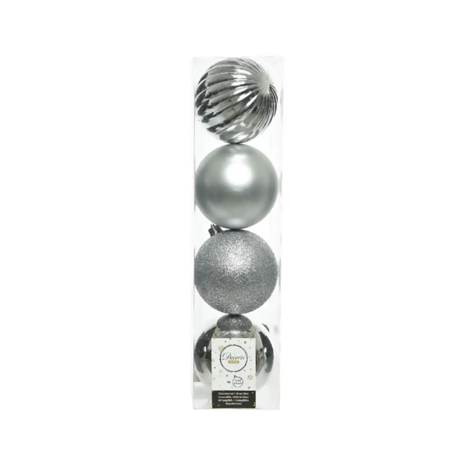 Set di 4 Palle Decorative Natalizie Argento – 4 Finiture Assortite, Diametro 10 cm - addobbi albero