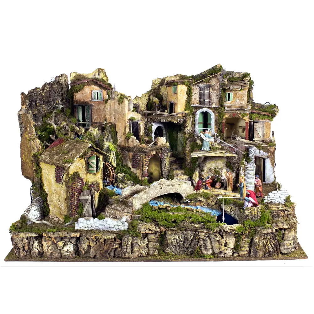 Borgo Presepe con Luci Natività Pescatore e Cascata in Movimento - presepi