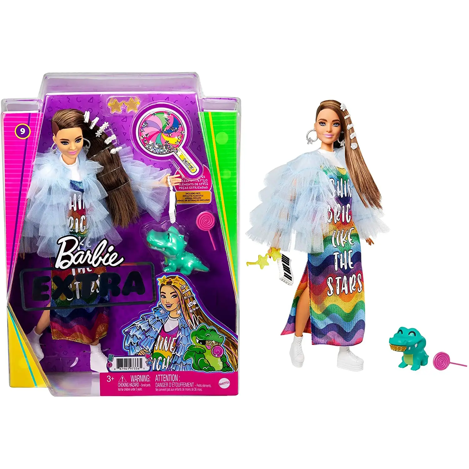 Barbie Extra Castana Vestito Arcobaleno e Cucciolo di Coccodrillo Gyj78 - collezionabili bambina