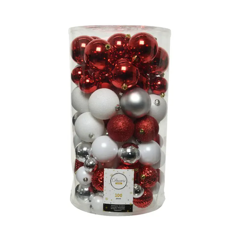 Box 100 Sfere Diametro 8cm. Assortito Red White Silver - addobbi albero