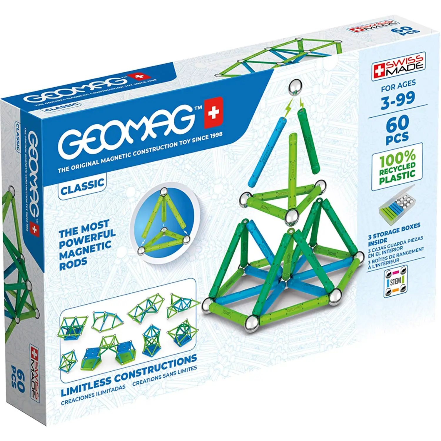 Geomag Classic Green Line 60 Pezzi – Costruzioni Magnetiche Ecologiche e STEM - Costruzioni tecniche