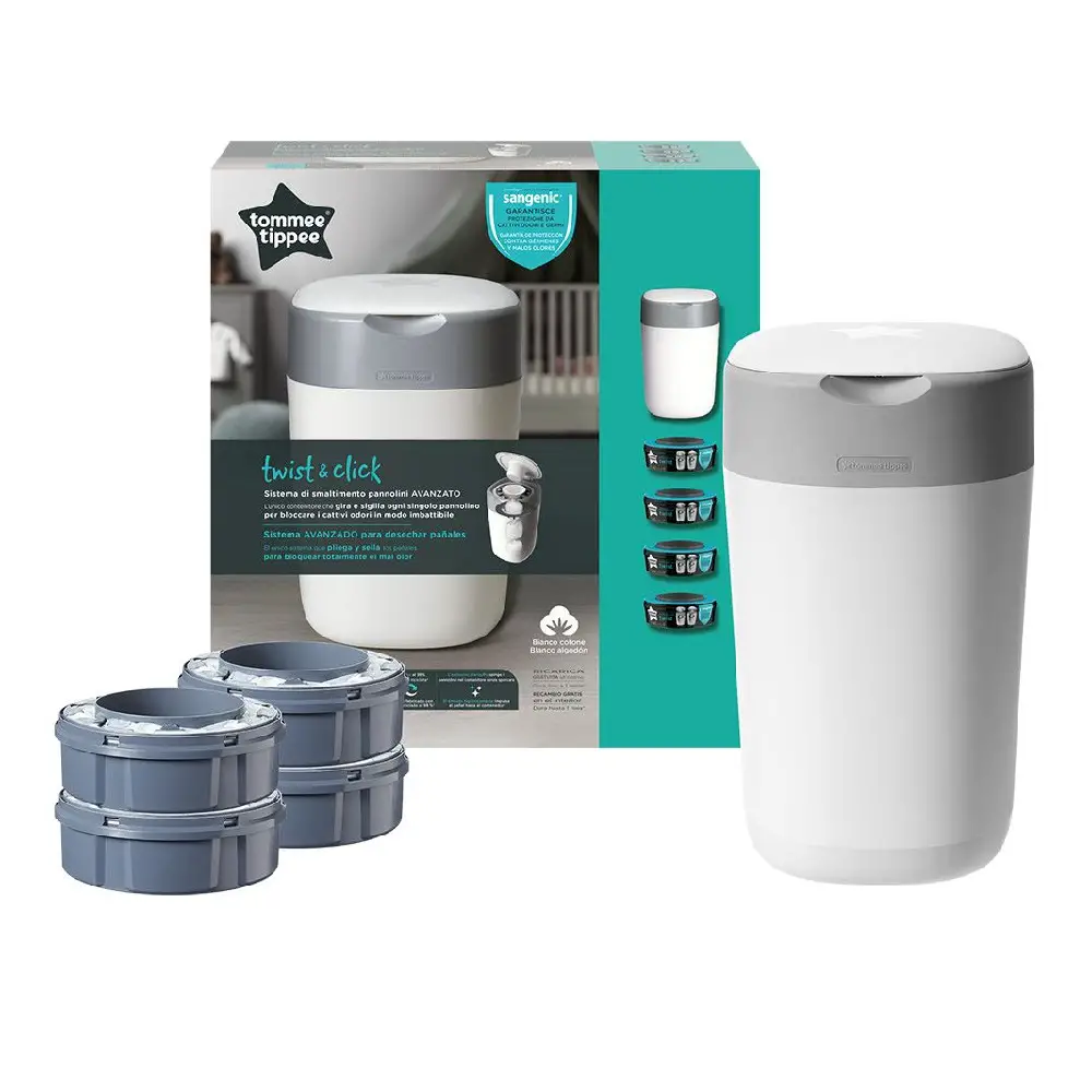 Contenitore Getta Pannolini Tommee Tippee Sangenic Twist & Click Bianco + Kit 4 Ricariche - Zona cambio e bagno