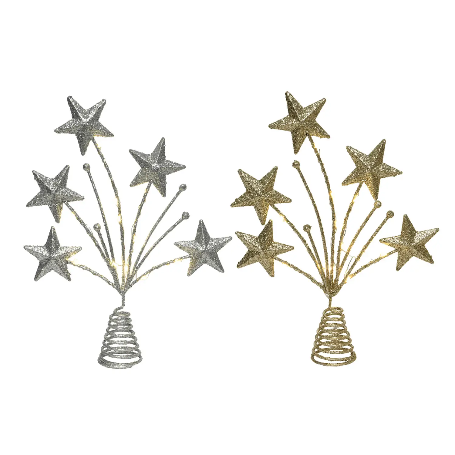 Puntale Luminoso a Batteria con Stelle Glitter e MicroLED Luce Calda Oro/Argento - addobbi albero