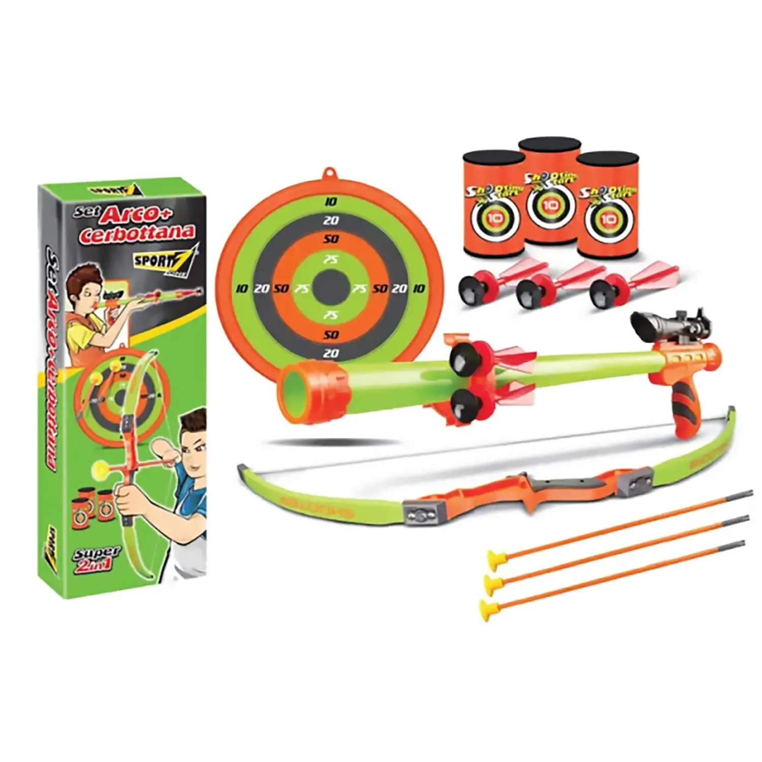 Set Arco-Cerbottana con Barattoli + Bersaglio - Attrezzature sportive