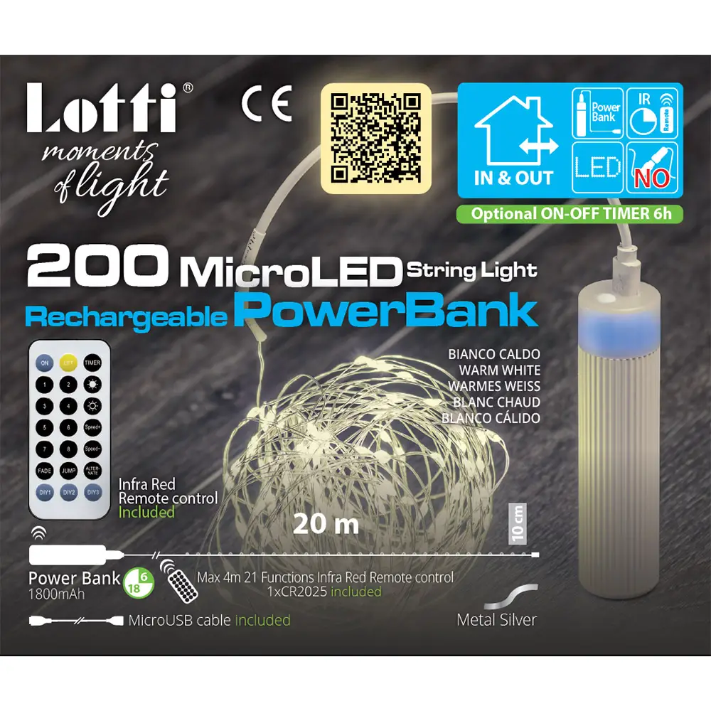 Luci di Natale Lotti - Catena 200 Micro Led Bianco Caldo con Power Bank - Filo Silver da 20 metri - luci