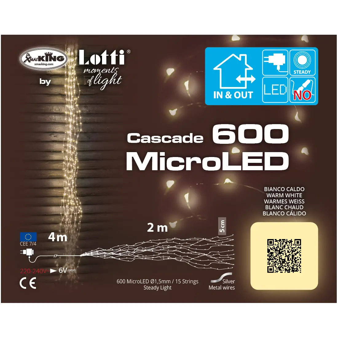 Luci di Natale Lotti - Cascata 600 Micro Led Bianco Caldo - Filo Silver da 2 metri - luci