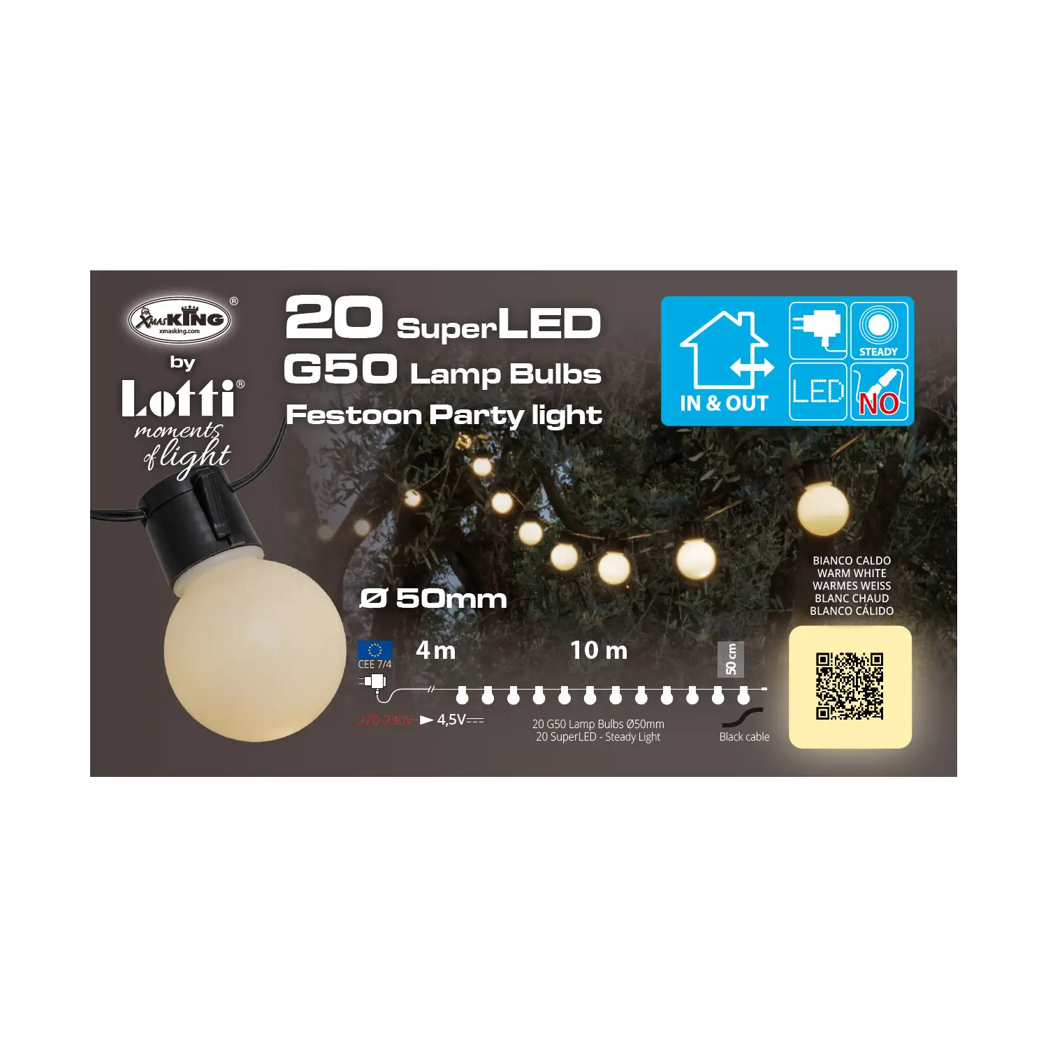 Catena Luci Party 20 Lampadine G50 Superled 4+10 M - lampade da parete