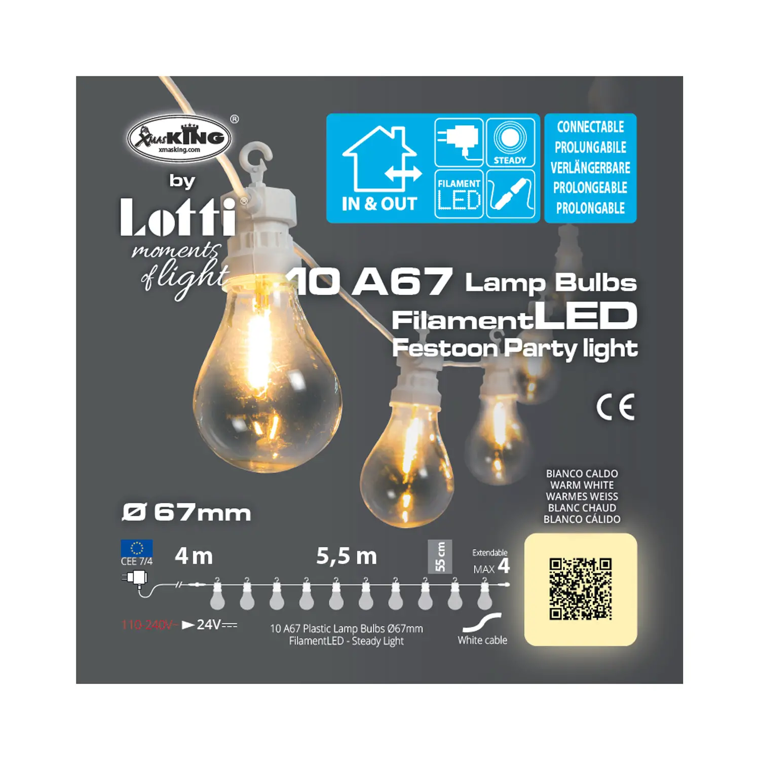 Catena Luci Party 10 Lampadine Vintage – Cavo Bianco, 5,5 m - lampade da parete