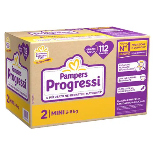 Pannolini Pampers Progressi Quadripack - Taglia 2 - 3-6 Kg - 112 Pezzi - pannolini e salviettine