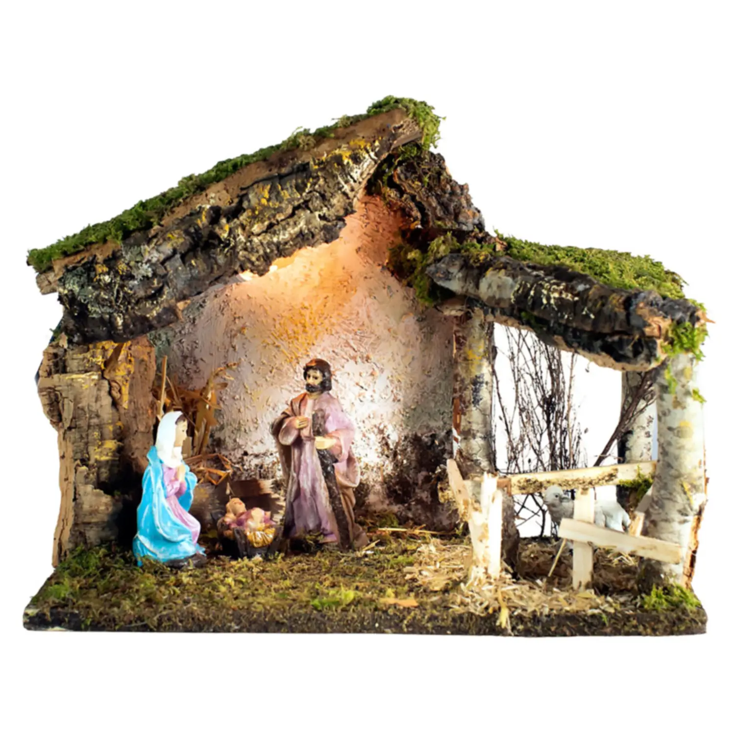 Capanna: 33x18x24 cm, Natività 10 cm con Luce - presepi