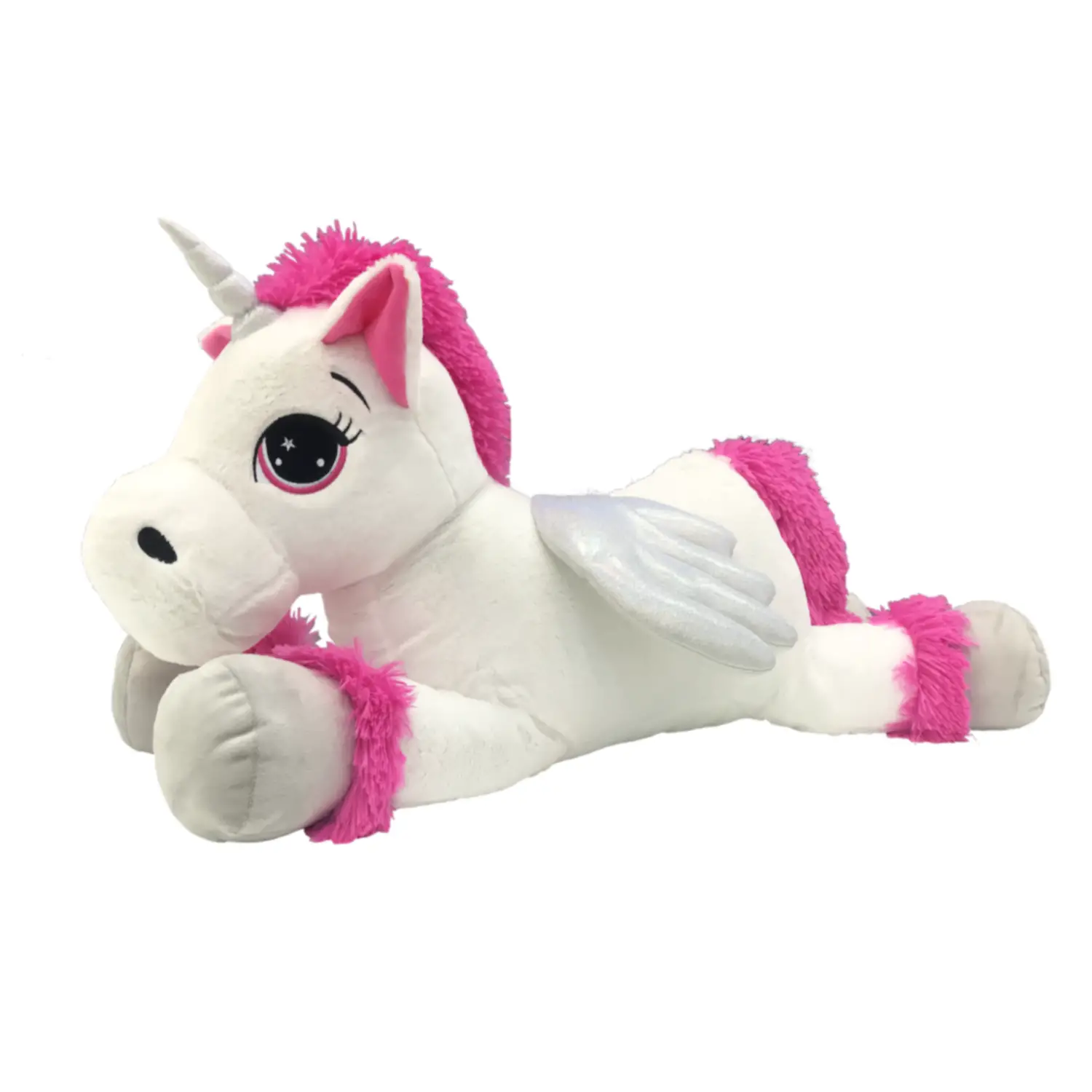 Unicorno Peluche Sdraiato Gigante Biancoe e Fucsia - Primi movimenti