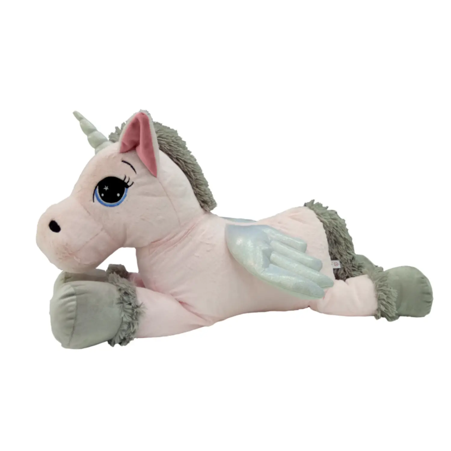Unicorno Peluche Sdraiato Gigante Rosa e Grigio - Primi movimenti