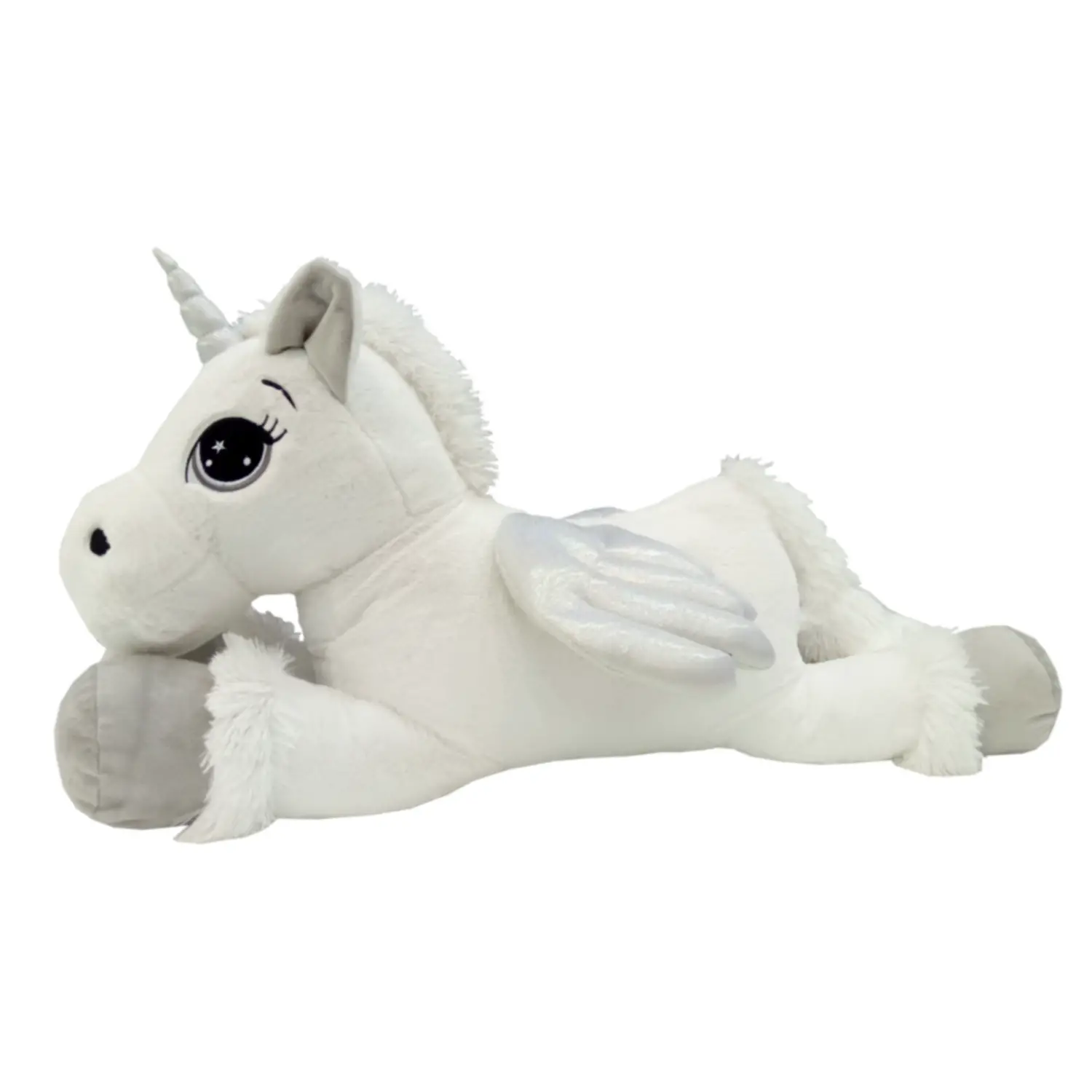 Unicorno Peluche Sdraiato Gigante Bianco e Grigio - Primi movimenti