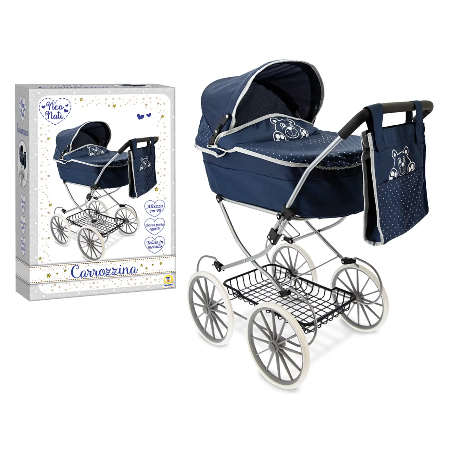 Carrozzina Metallo Classica Blu Con Borsetta - Bambole e accessori
