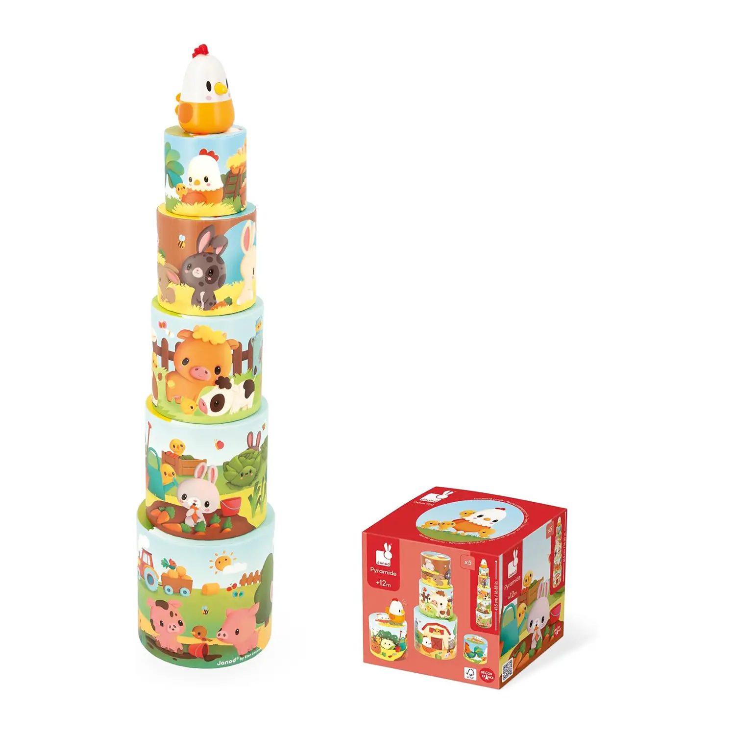 Janod - La Mia Prima Piramide Fattoria - 5 Cubi e Gallina in Legno - Primi giochi