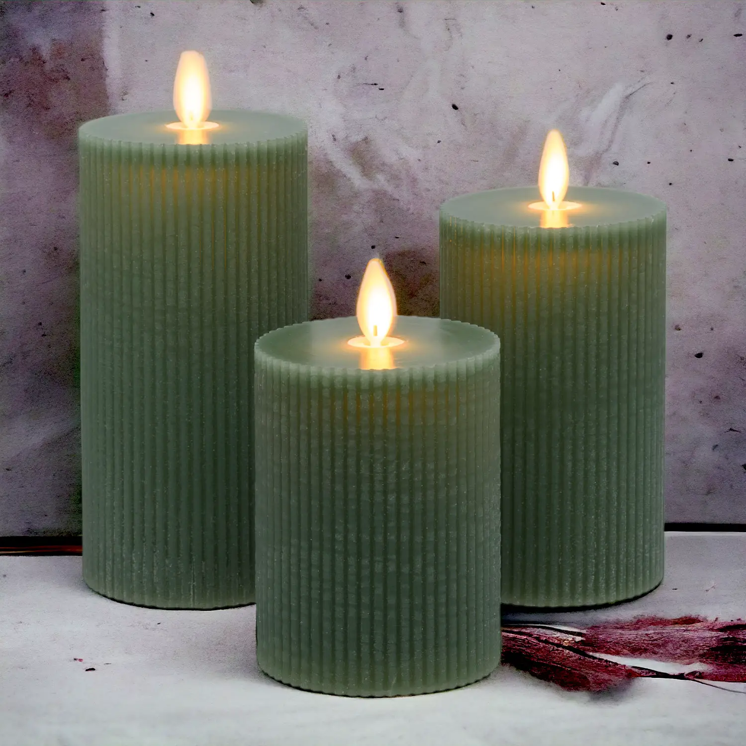 Set 3 Candele Cilindriche MF Moving Flame a Coste Verde - addobbi casa