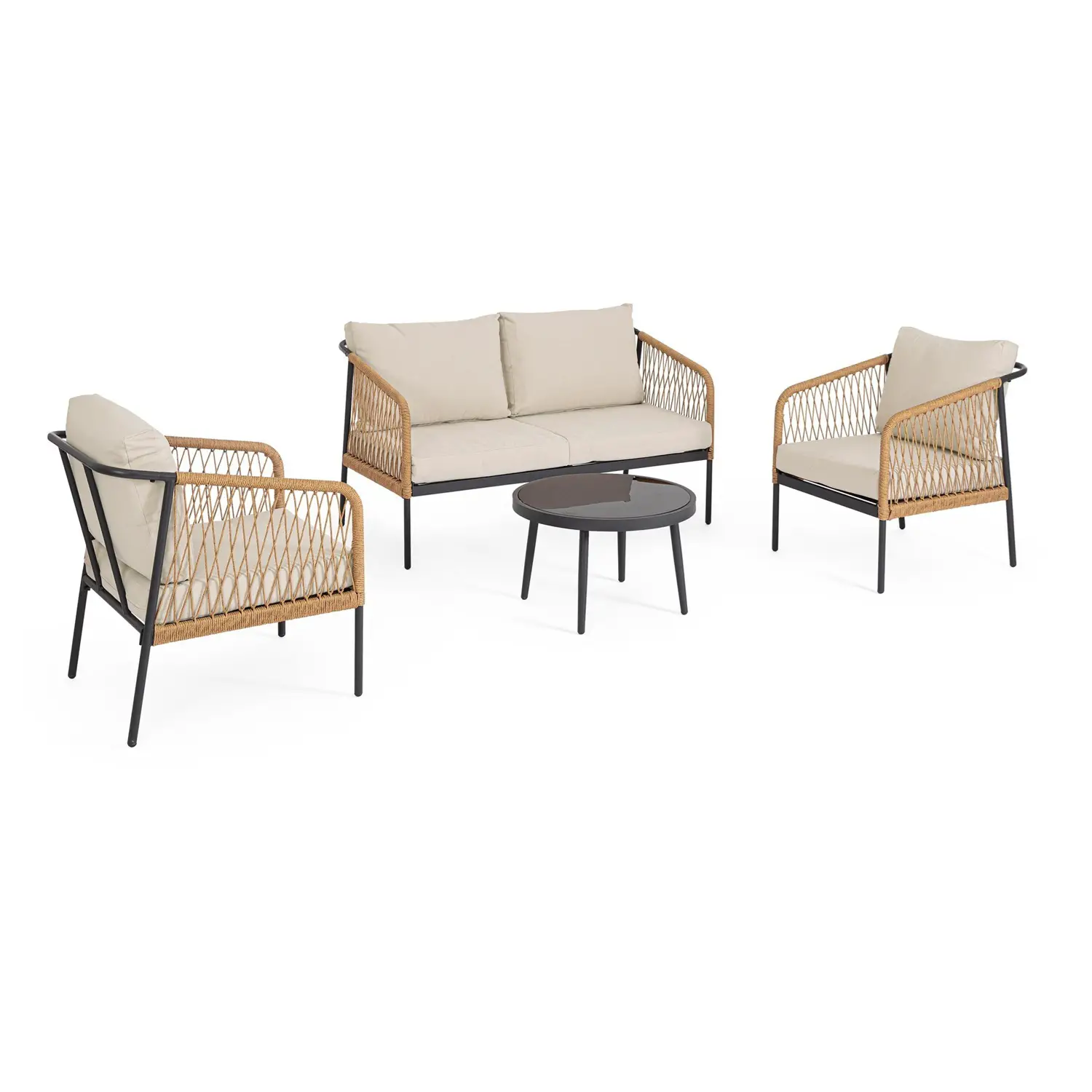 Salotto Felipe con Cuscini, Struttura Antracite e Intreccio Naturale, Set 4 Pezzi - set e salotti