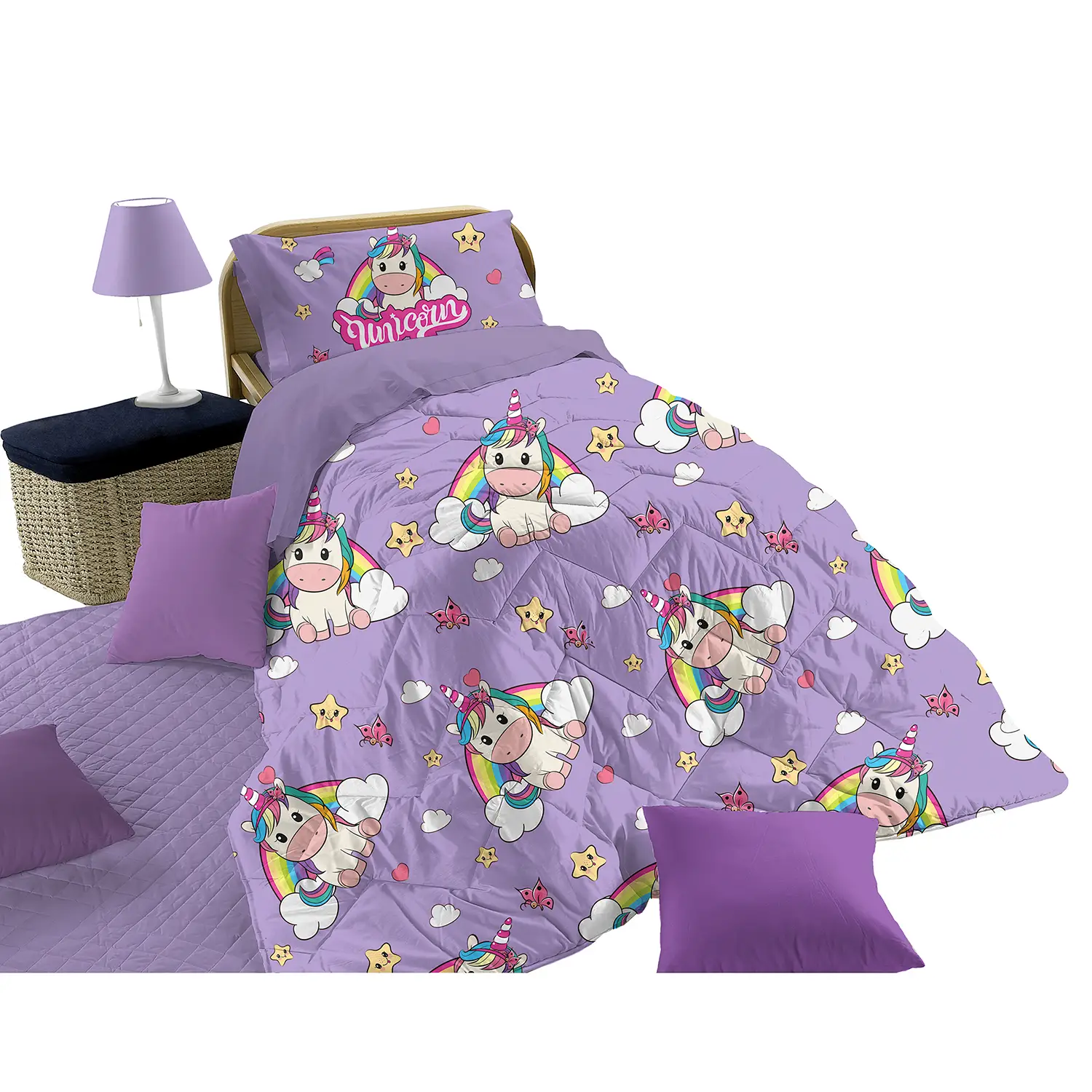Trapunta 1 Piazza Micro 170x260 Unicorno Arcobaleno Lilla -