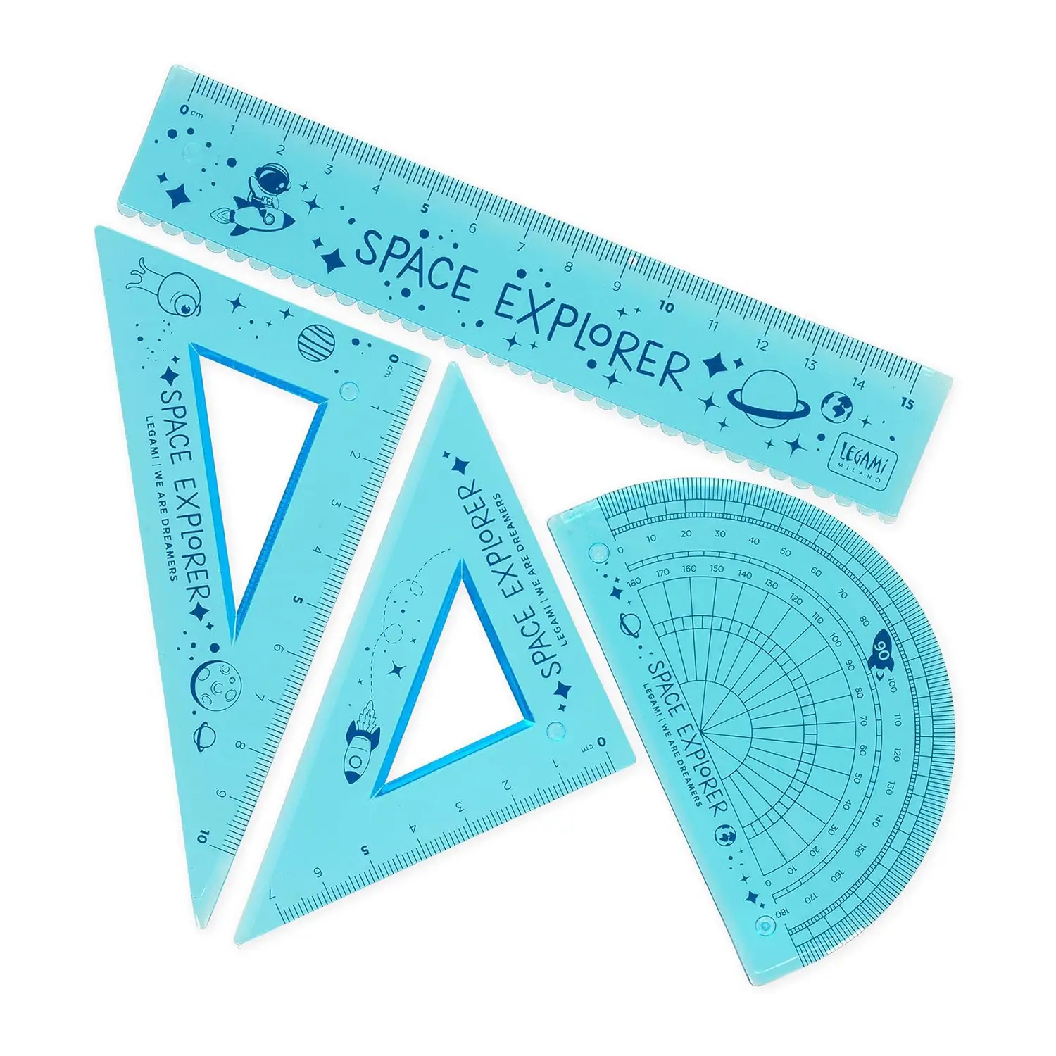 Set Righello da 15 cm, Squadra 60° da 10 cm, Goniometro 180°- Spazio - legami