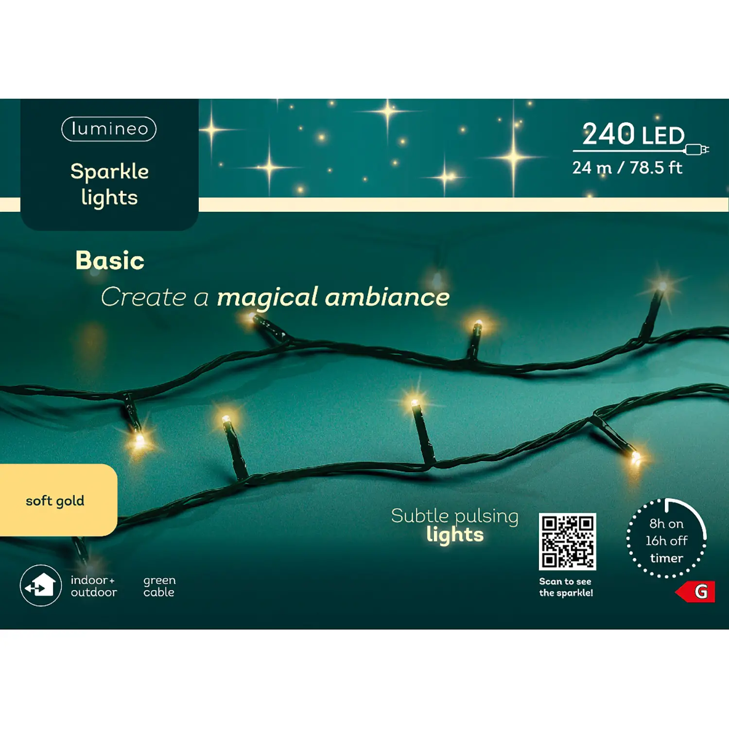 Luci di Natale Lumineo Sparkle Lights - 240 Led Soft Gold - Filo Verde da 24 metri - luci
