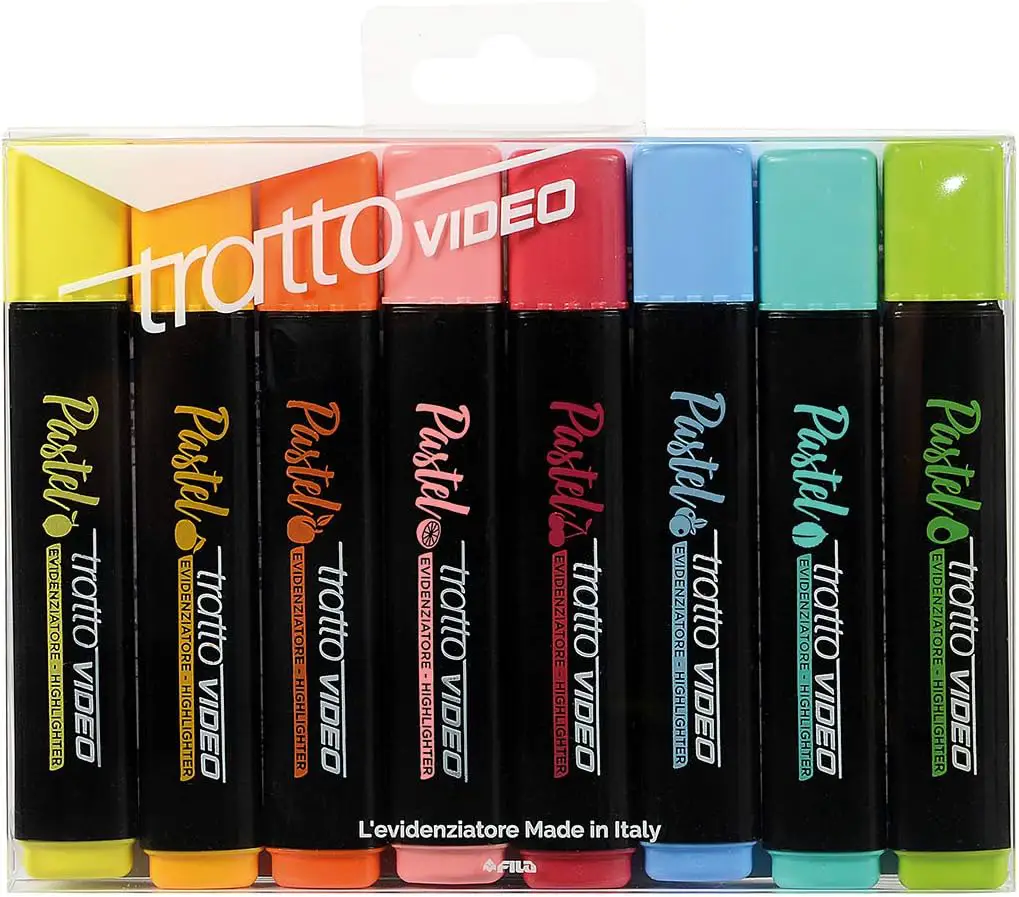 Evidenziatori Tratto Video Pastel, Astuccio 8 Colori con Punta Scalpello Lavabile - Pennarelli