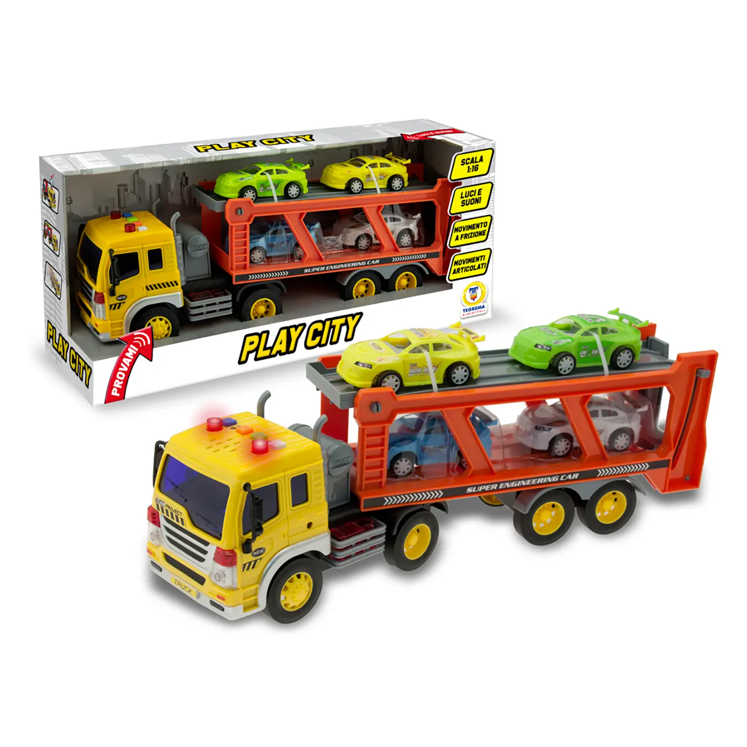 Play City - Tir Trasporti Pesanti 1:16 con Frizione Luci e Suoni con 4 Veicoli - modellini