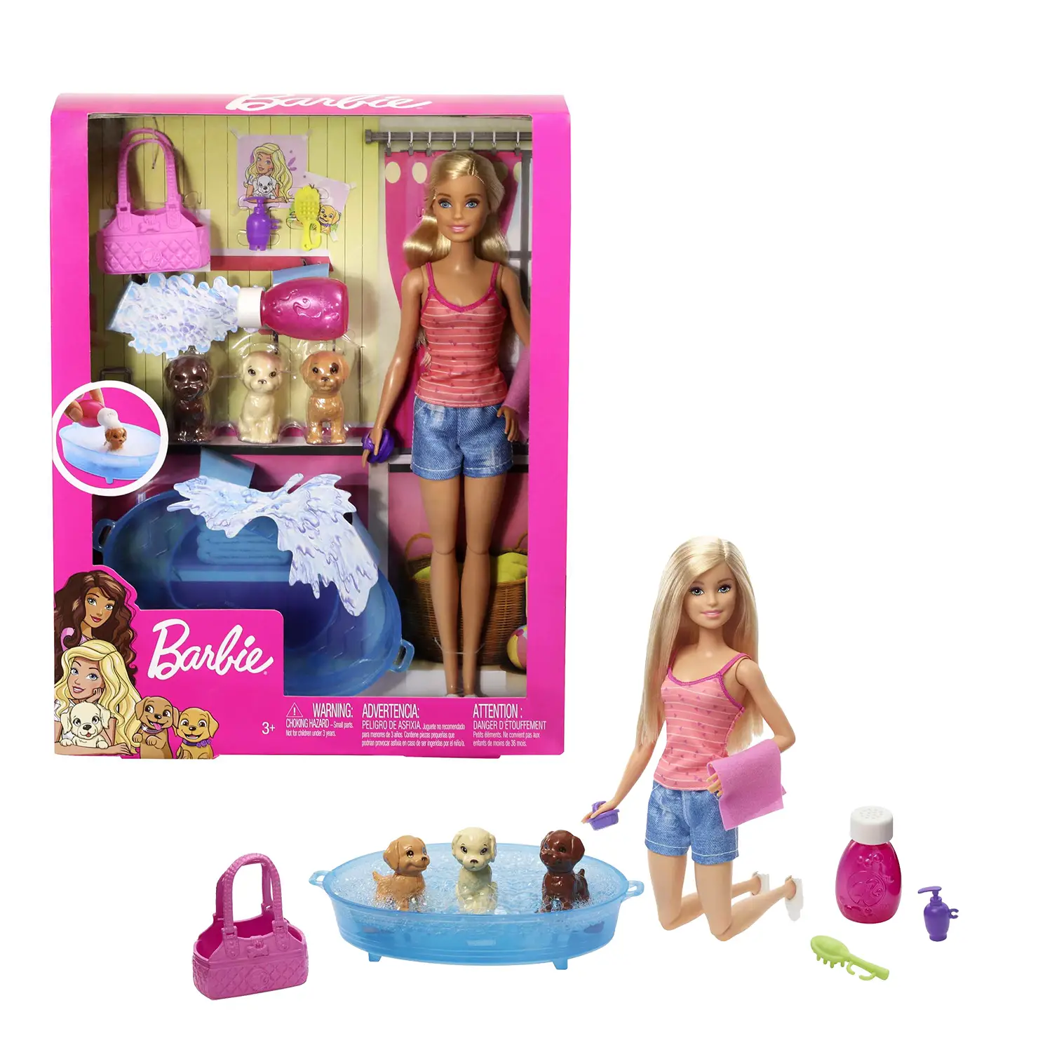 Barbie con 3 Cuccioli e Vasca da Bagno Playset - collezionabili bambina