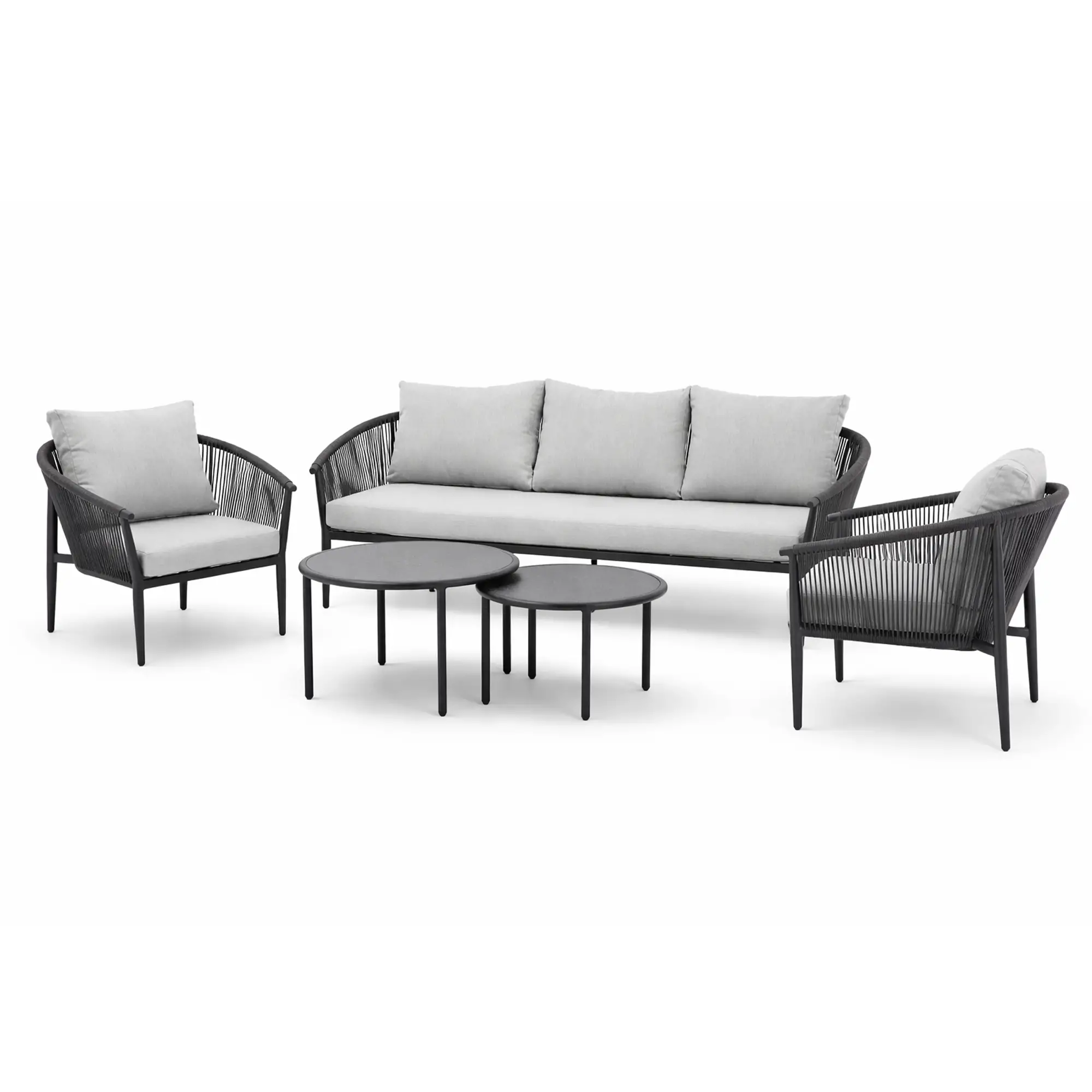 Salotto da Giardino Santa Cruz in Alluminio e Corda 3 Pezzi con 2 Tavolini Effetto Pietra - set e salotti