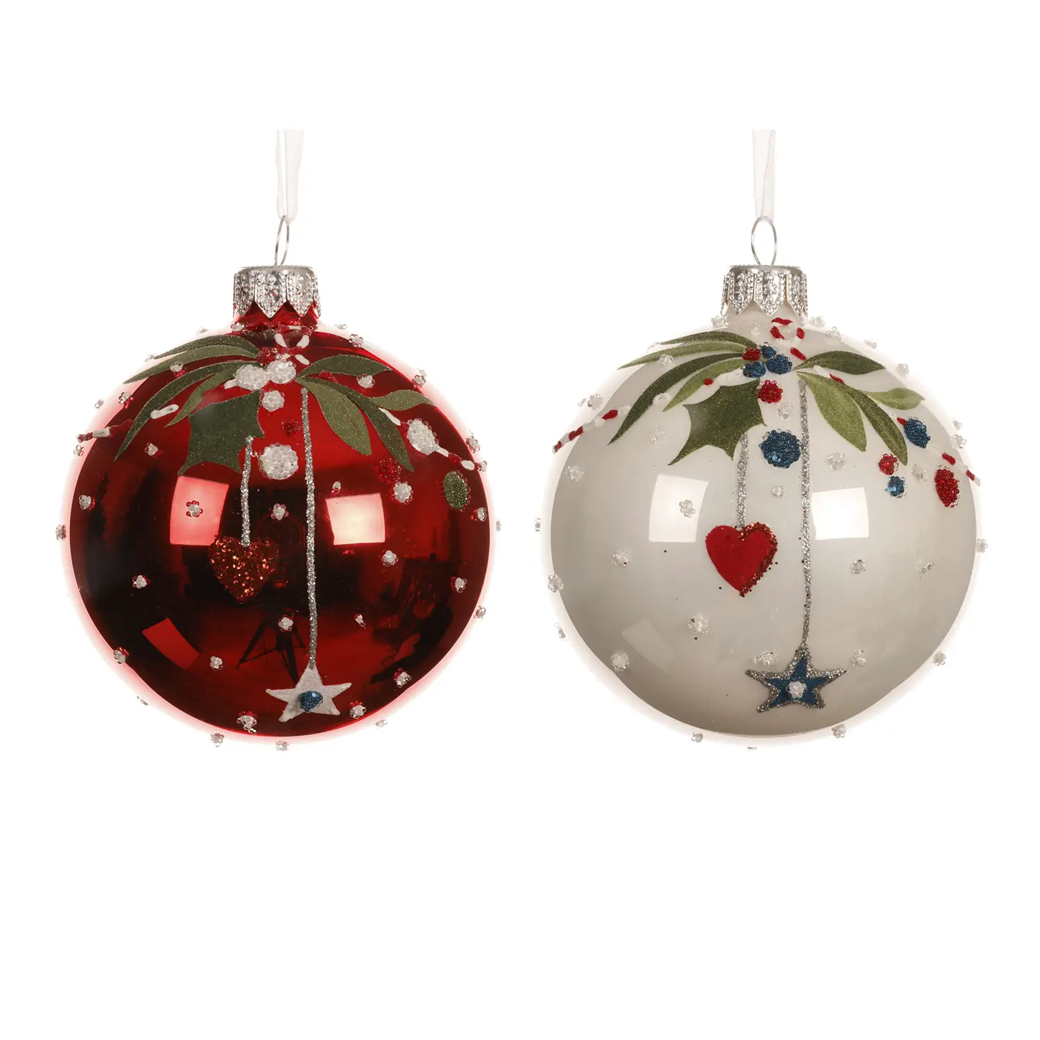 Pallina Natale in Vetro Ø8 cm con Rami Natalizi Decorati - addobbi albero