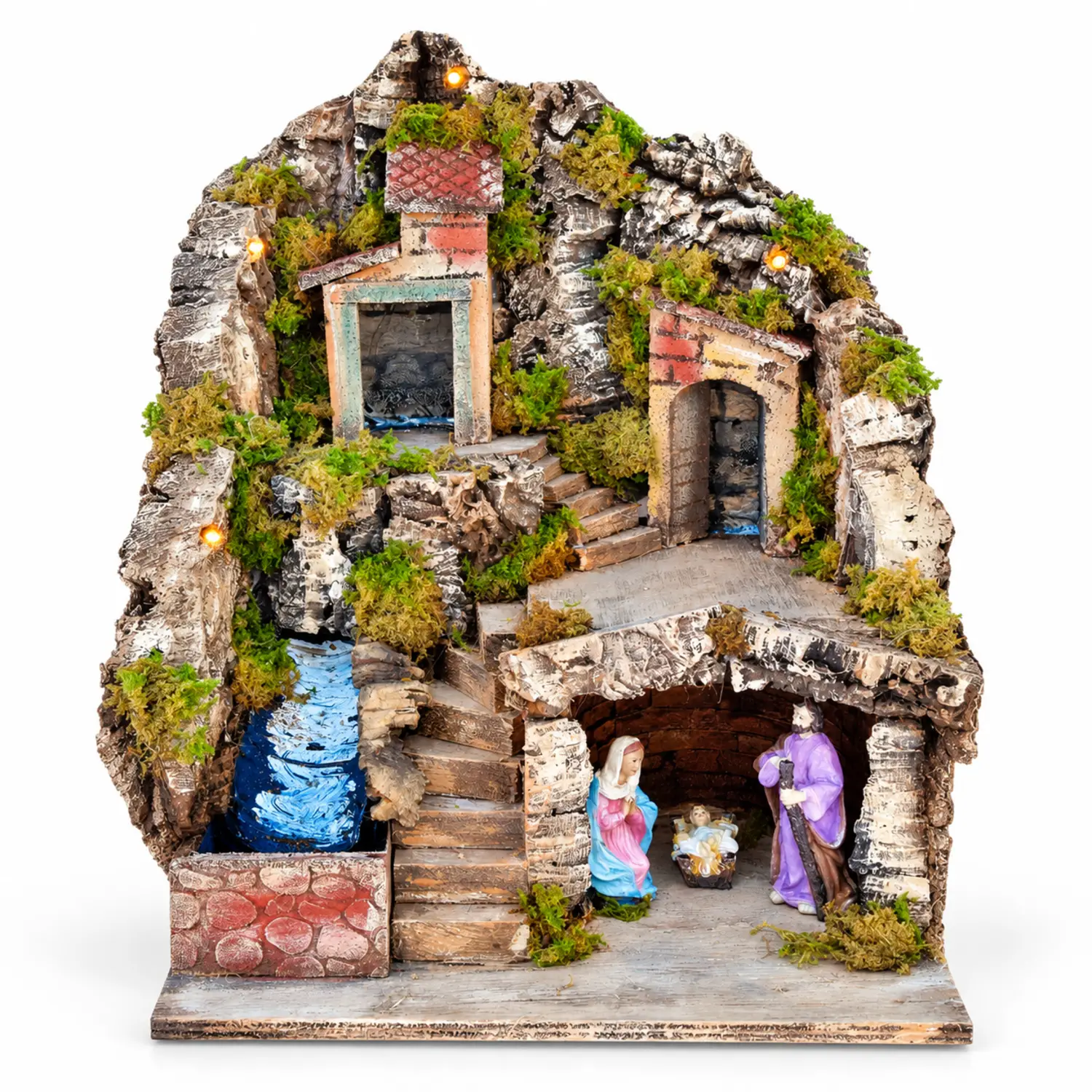 Presepe Illuminato con Luci e Cascata Funzionante Natività H10 cm - presepi