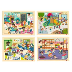 Puzzle di Osservazione: La Scuola Inclusiva – Set 4 Puzzle in Legno Ecologico