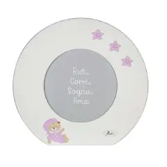 PORTA FOTO IN LEGNO BIANCO CON ORSO ROSA TONDO DIAM.32